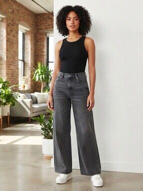 ​NWT YMI Studded High Rise Wide Leg Baggy Jeans Washed Black Size 7 / 29